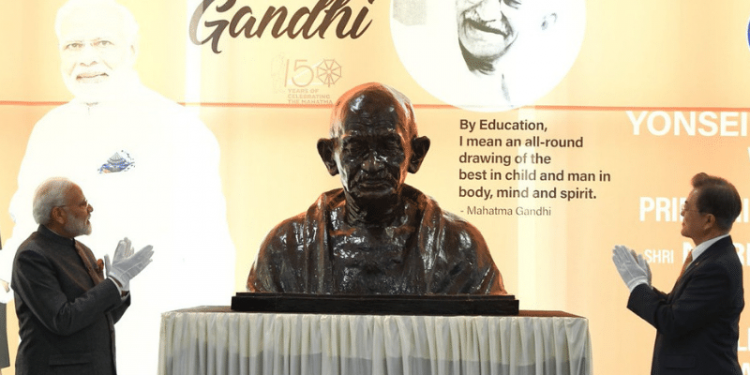 PM unveils bust of Mahatma Gandhi at Yonsei University in Seoul