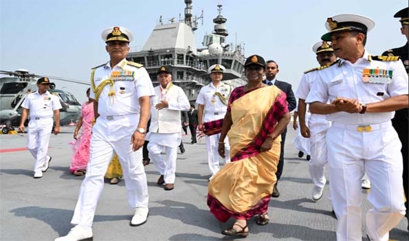 Droupadi Murmu presents President’s Colour to INS Dronacharya