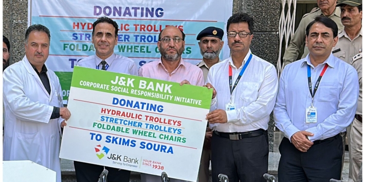 Under CSR, J&K Bank donates hydraulic trolleys, stretcher trolleys and wheelchairs to SKIMS for patient mobility