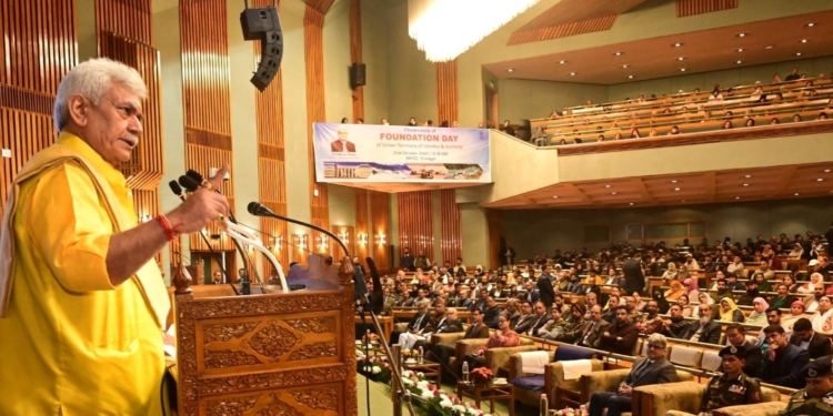 LG Manoj Sinha addresses J&K UT Foundation Day celebrations in Srinagar