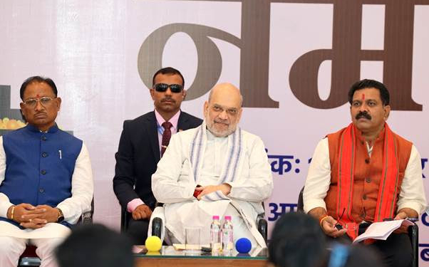 Home Minister Amit Shah pays tributes to the martyrs at the Shaheed Smarak in Jagdalpur, Chhattisgarh