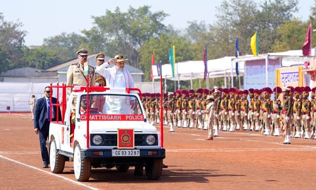 Home Minister Amit Shah presents ‘President’s Colour’ to the Chhattisgarh Police in Raipur