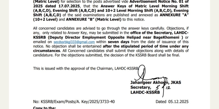 Ladakh KSSRB Releases Answer Keys for 10+2 and Matric Level Exams; Objection Window Opens for Seven Days