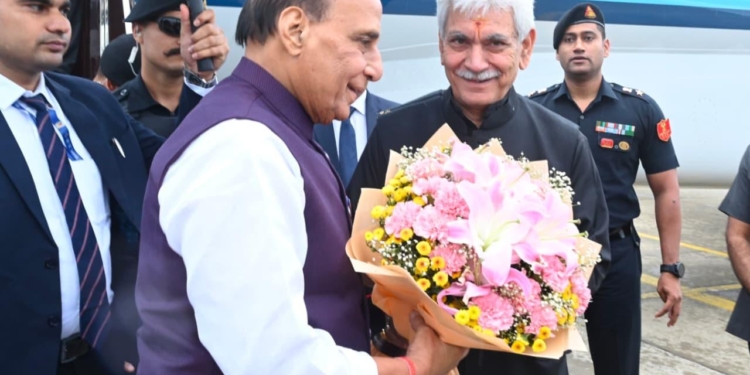 LG Manoj Sinha welcomes Defence Minister Rajnath Singh at Srinagar airport